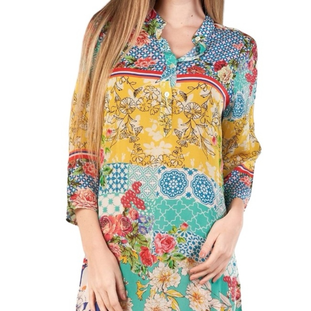 Shana l Anthropologie Colorful Floral Silk Bohemian Tunic Top Size Small